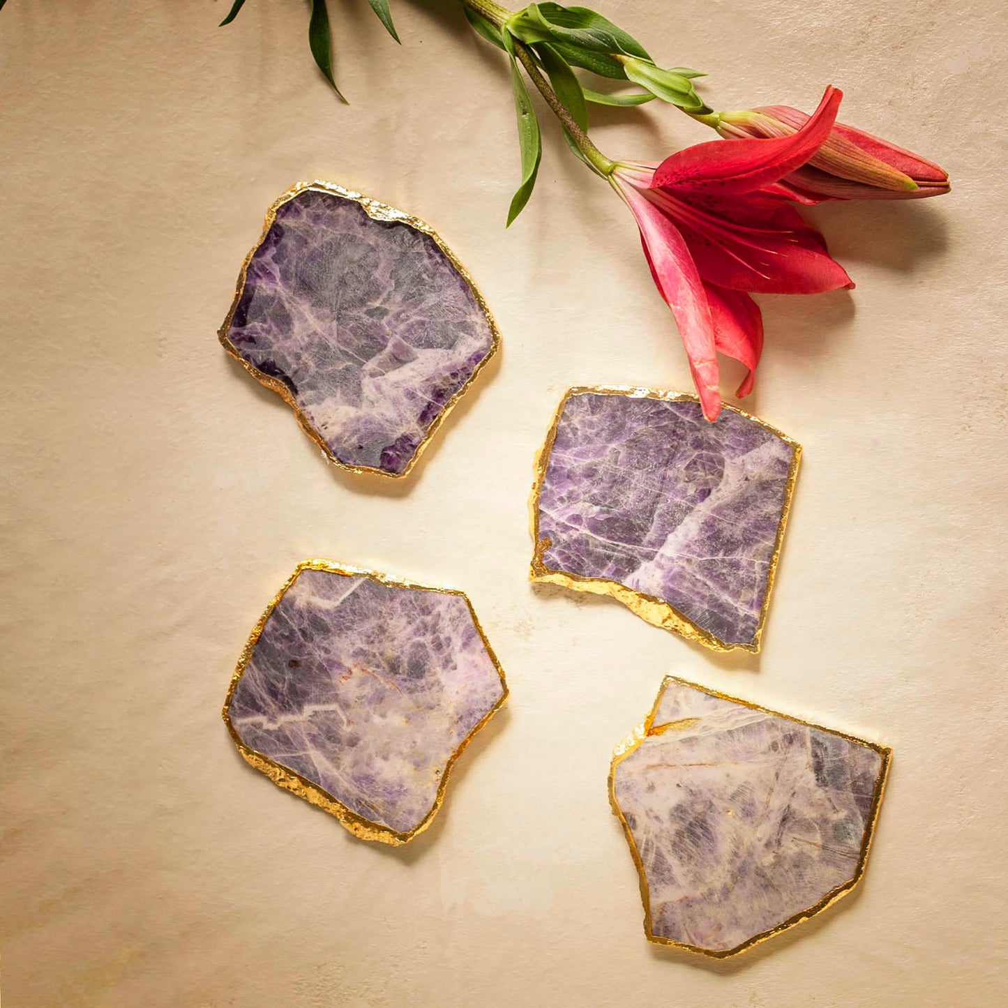 Semi Precious Coasters Set of 4 - Amethyst - paarkhi