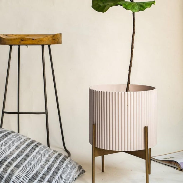 Large Fluted Planter With Stand - Beige