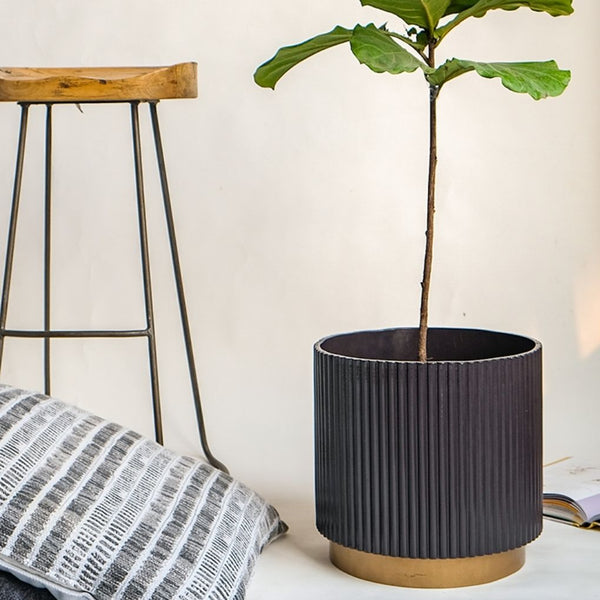 Large Fluted Planter With Base - Brown