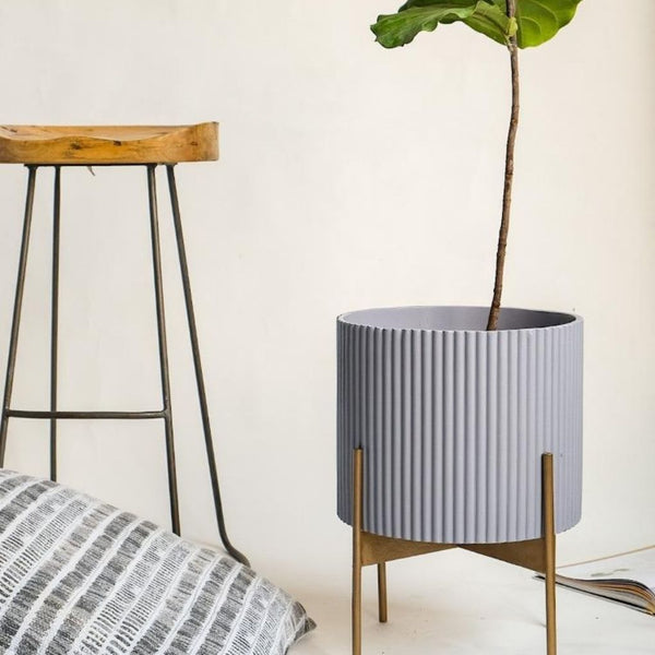 Large Fluted Planter With Stand - Grey