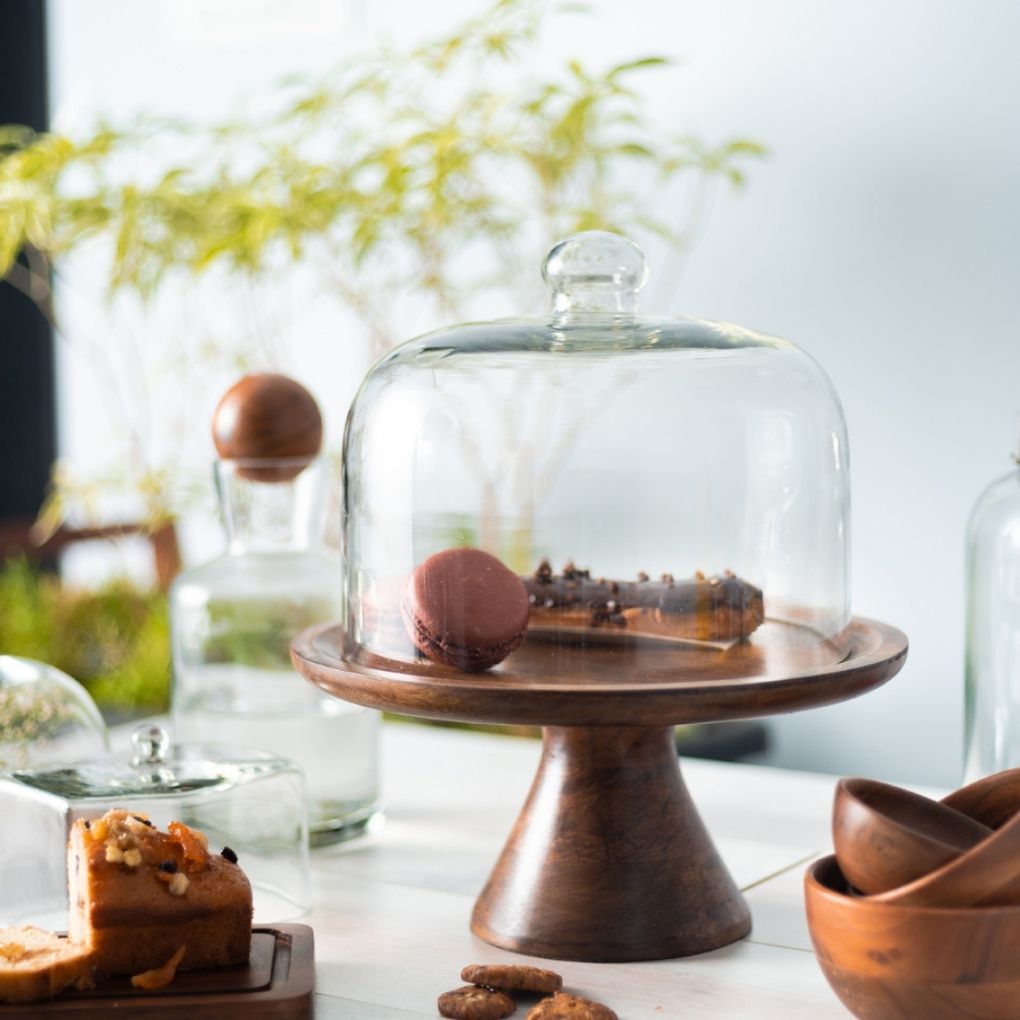 Wooden Cake Stand With Glass Cloche
