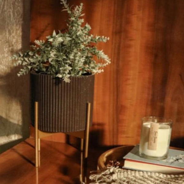 Small Fluted Planter With Stand - Black