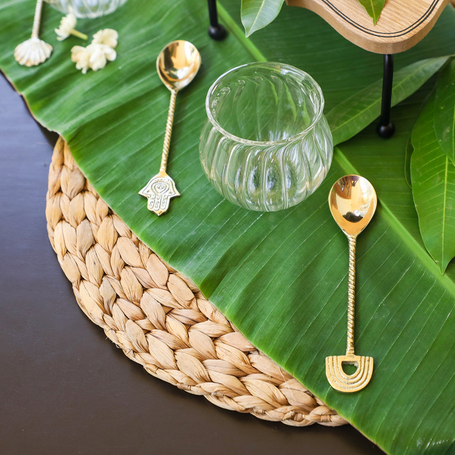 Hand-Blown Glass Matka Set with Brass Spoons - 8 Pcs