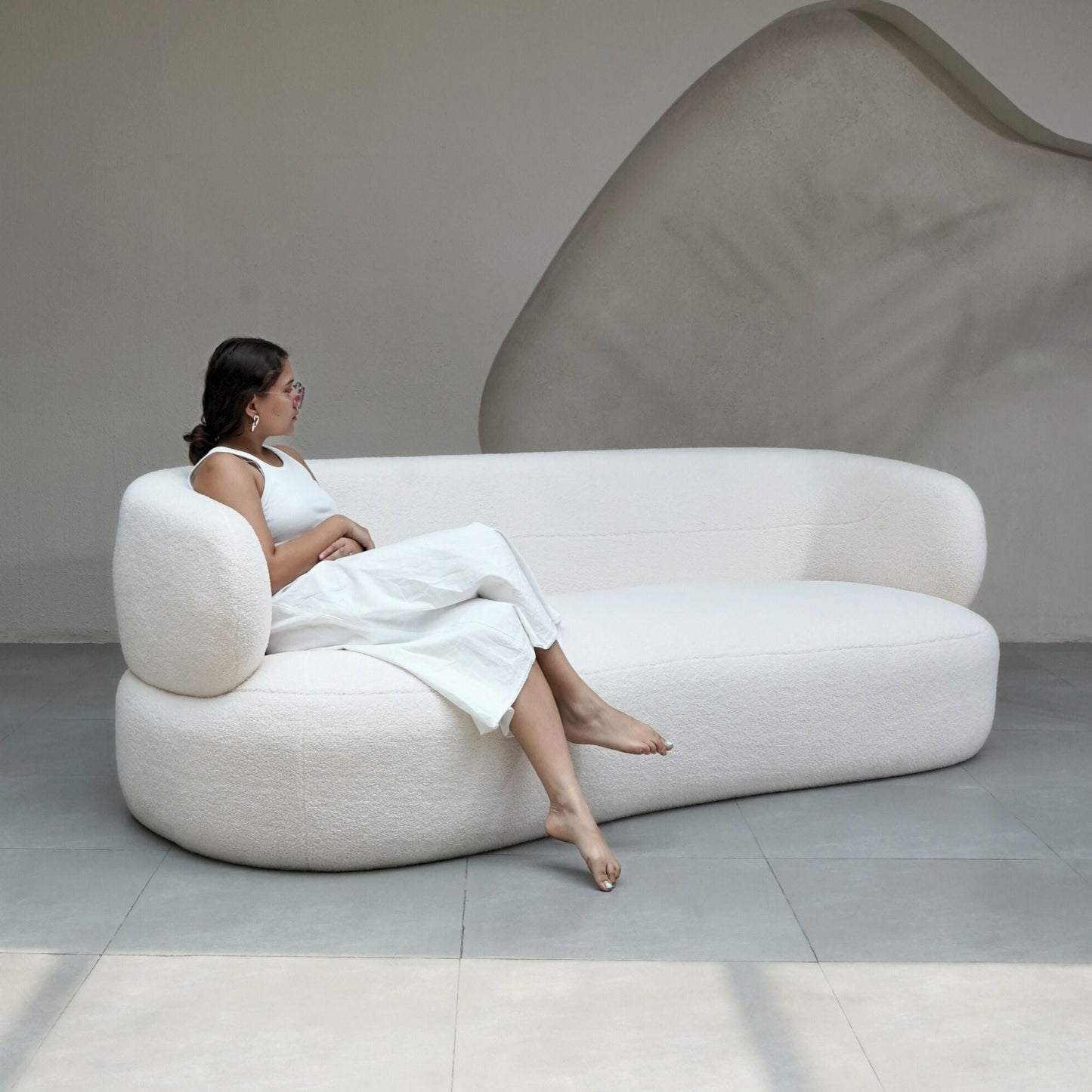 Faye Three Seater Bouclé Sofa - White