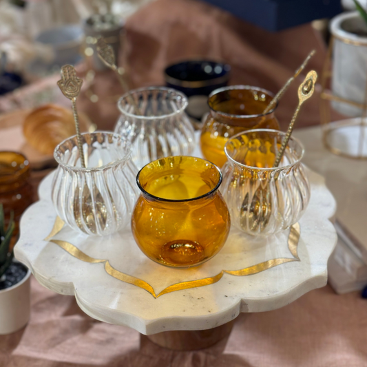 Hand-Blown Glass Matka Set with Brass Spoons - 8 Pcs