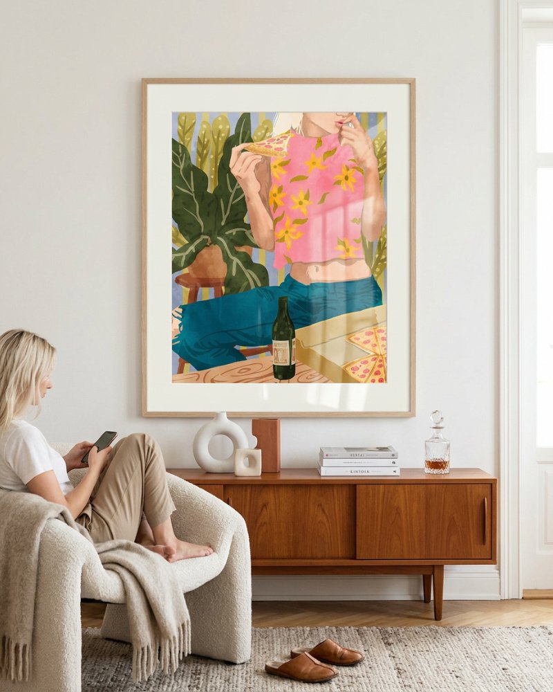 Pizza illustrated art print styled in a room