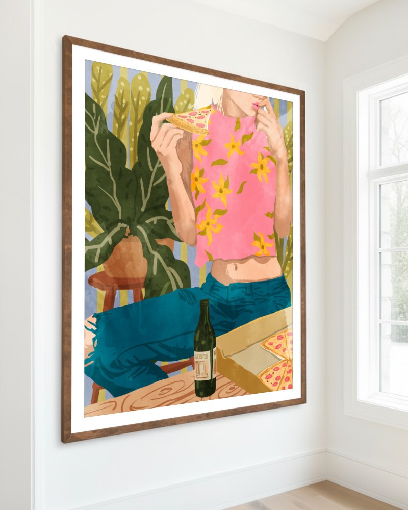 Pizza illustrated art print styled in a room