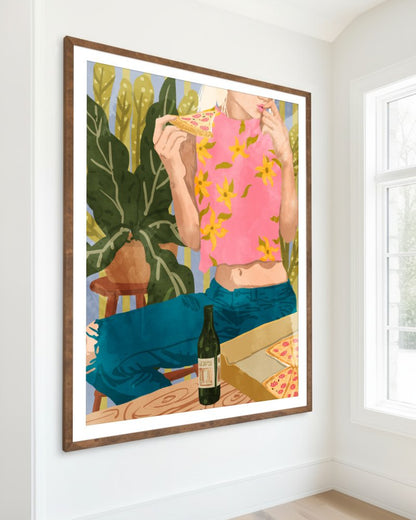 Pizza illustrated art print styled in a room