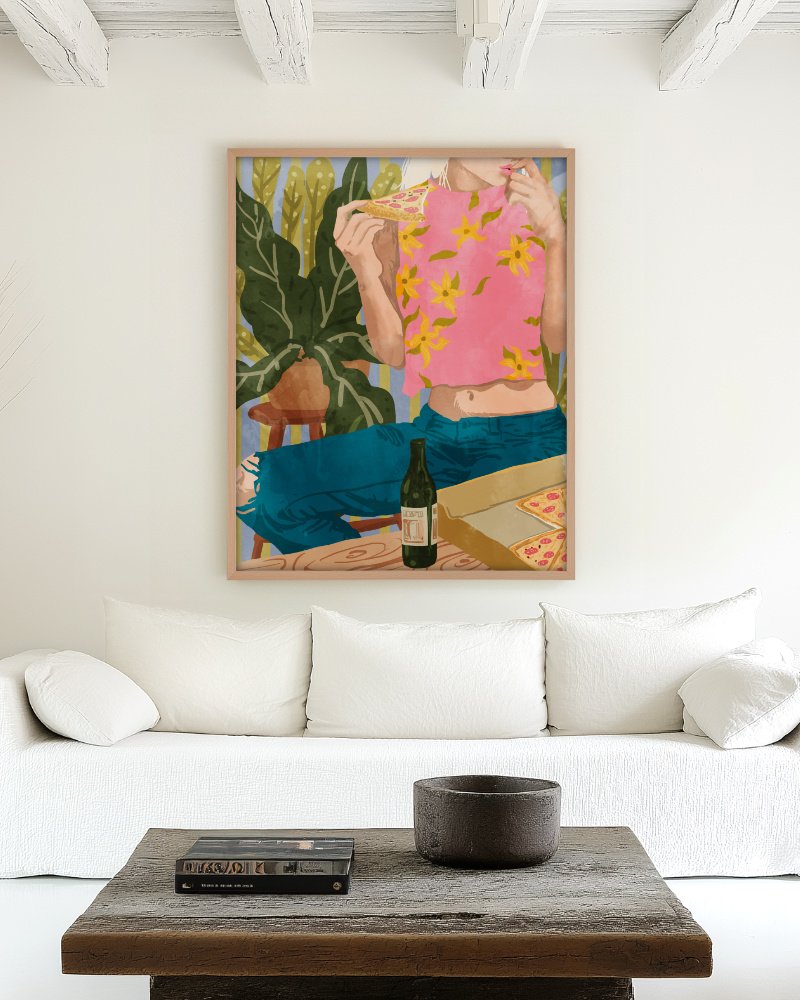 Pizza illustrated art print styled in a room