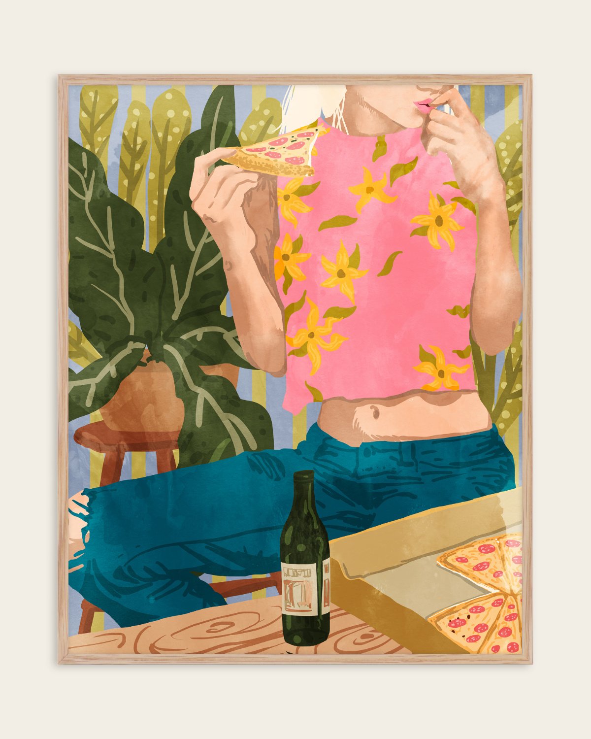 Pizza illustrated art print of a stylish woman enjoying pizza and beer against leafy green and striped backdrop