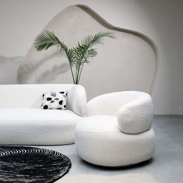 Leia Bouclé Chair Paired with Faye Sofa – Matching Lounge Seating Set by Popyuli