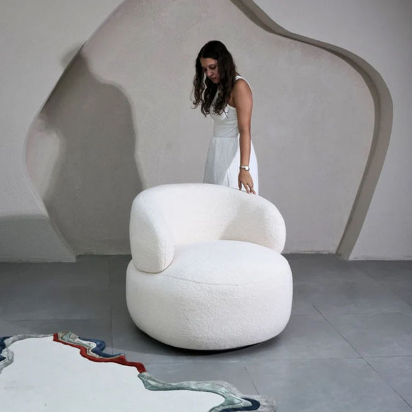 Curved Off-White Bouclé Lounge Chair for Living Room – Popyuli India