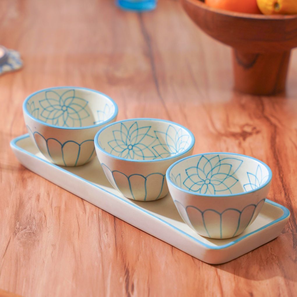 Floral Condiment Bowls With Tray | Set of 3