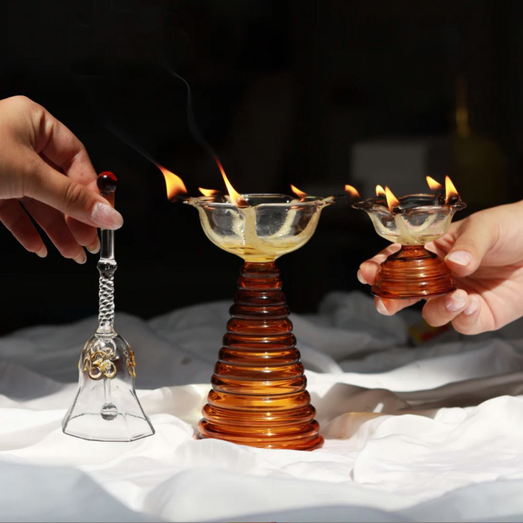 Glass Puja Set | Tall Diya + Short Diya + Bell
