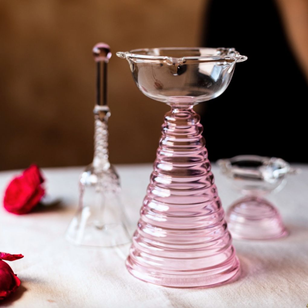 Glass Puja Set | Tall Diya + Short Diya + Bell
