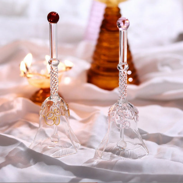 Glass Puja Set | Tall Diya + Short Diya + Bell