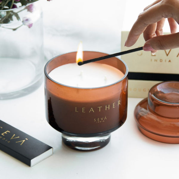 The Manhattan Leather Scented Glass Candle | Clary Sage, Amber, Cedar