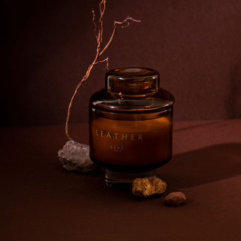 The Manhattan Leather Scented Glass Candle | Clary Sage, Amber, Cedar