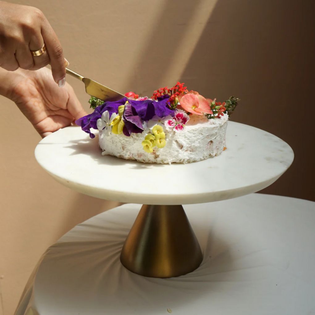 White Marble Cake Stand with Brushed Gold Base