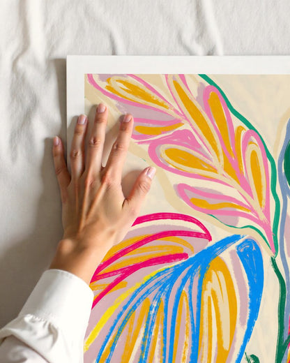 Rhythms of Bloom crayon-style botanical art print close-up detail