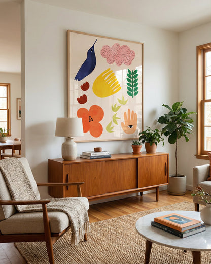 Summer Vibes folk art print styled in a room