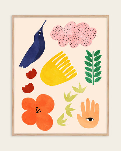 Summer Vibes folk art print with a blue bird, pink dotted cloud, orange flower, green leaves and a hand with an eye on cream