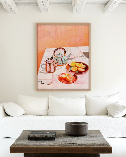 Tea & Oranges at Four pastel still life art print styled in a room