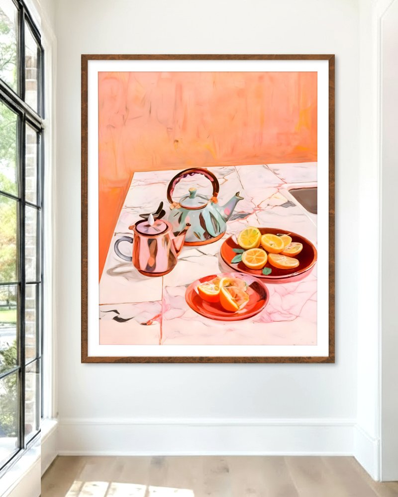 Tea & Oranges at Four pastel still life art print styled in a room