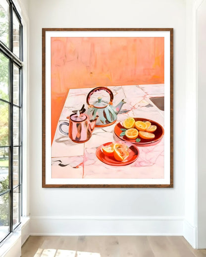 Tea & Oranges at Four pastel still life art print styled in a room
