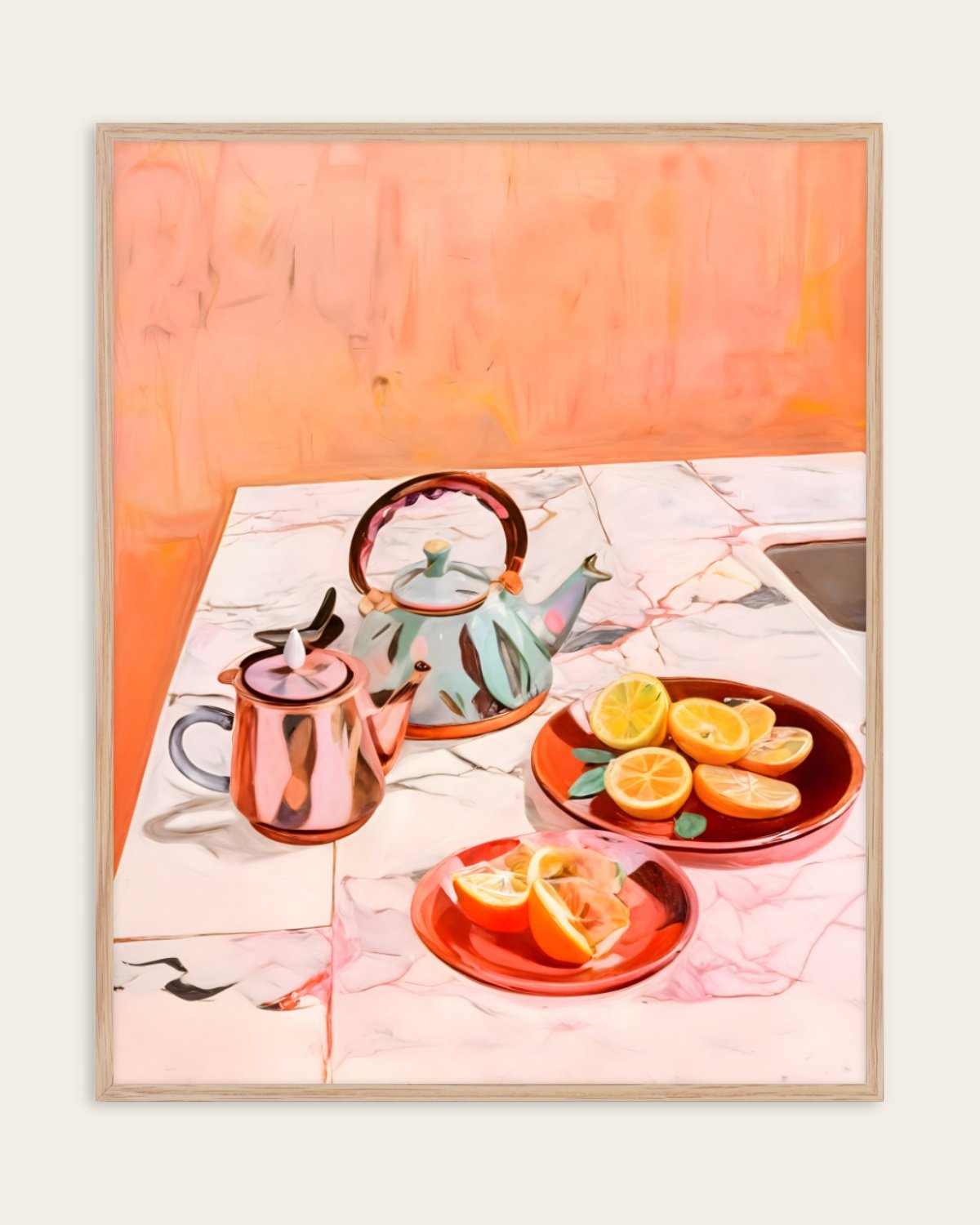 Tea & Oranges at Four pastel still life art print of teapots and sliced oranges on a pink marble counter