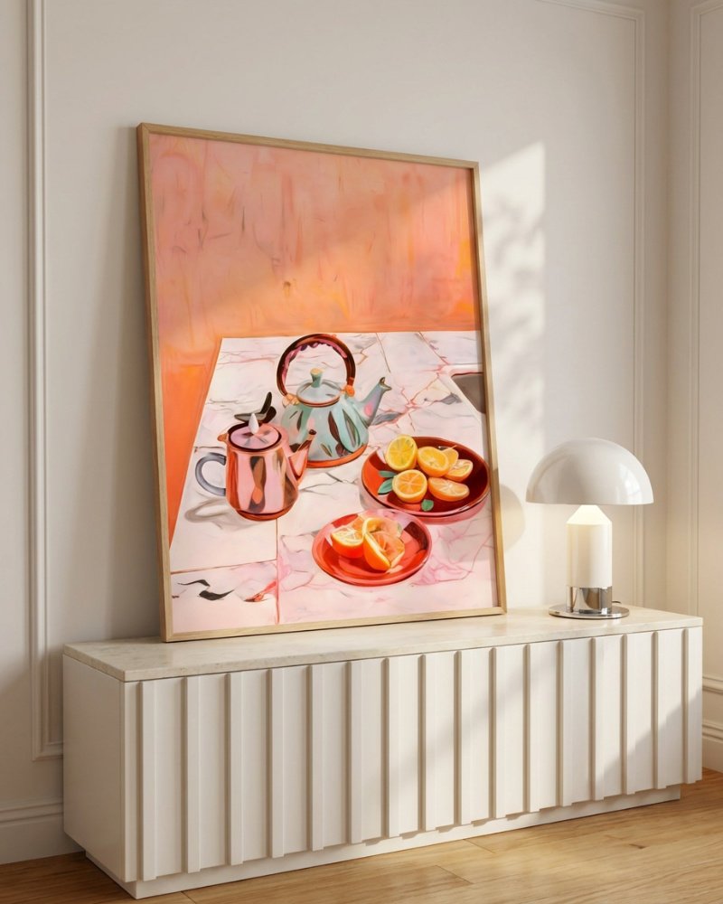Tea & Oranges at Four pastel still life art print styled in a room