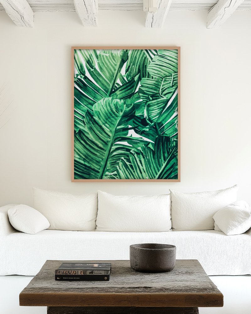 Tropical State of Mind green watercolor banana leaf botanical art print styled in a room