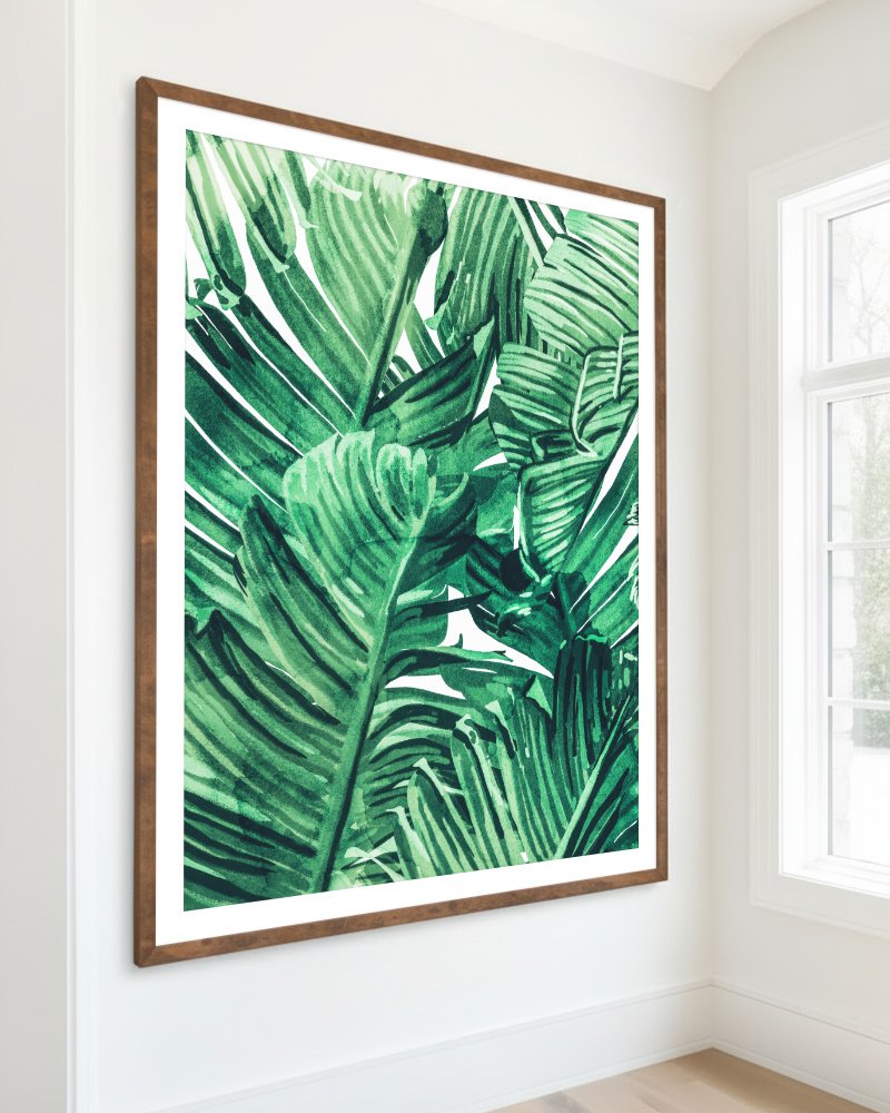 Tropical State of Mind green watercolor banana leaf botanical art print styled in a room