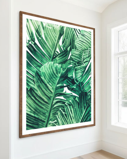 Tropical State of Mind green watercolor banana leaf botanical art print styled in a room