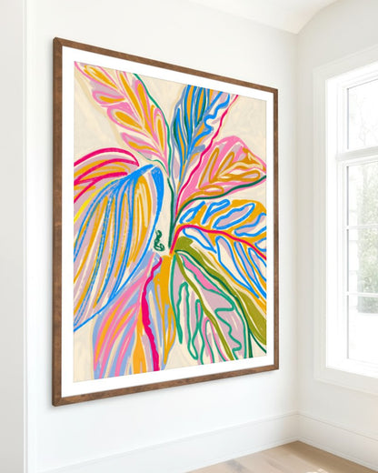 Rhythms of Bloom crayon-style botanical art print styled in a room
