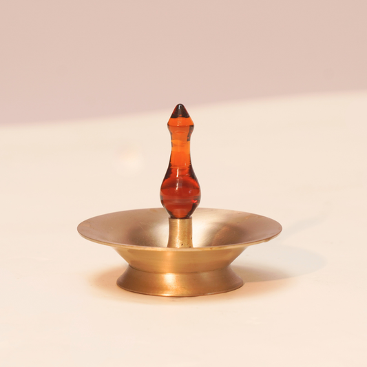 Baby Vilakku small brass oil lamp with amber glass finial