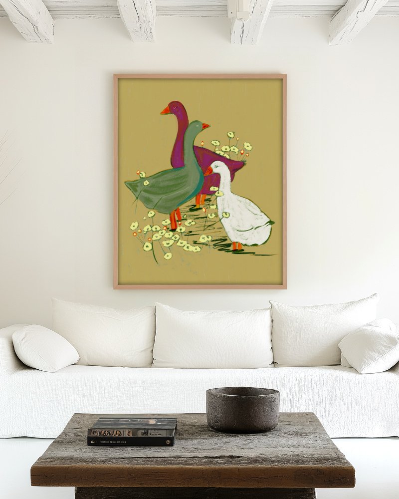 They Had Their Own Plans whimsical painterly geese art print styled in a room