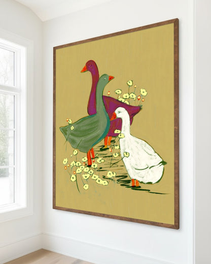 They Had Their Own Plans whimsical painterly geese art print styled in a room