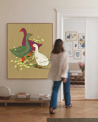 They Had Their Own Plans whimsical painterly geese art print styled in a room