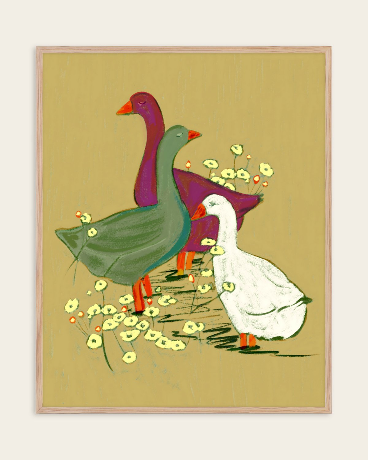 They Had Their Own Plans whimsical painterly art print of three geese among wildflowers on a mustard background