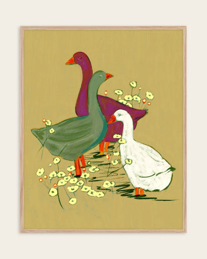 They Had Their Own Plans whimsical painterly art print of three geese among wildflowers on a mustard background