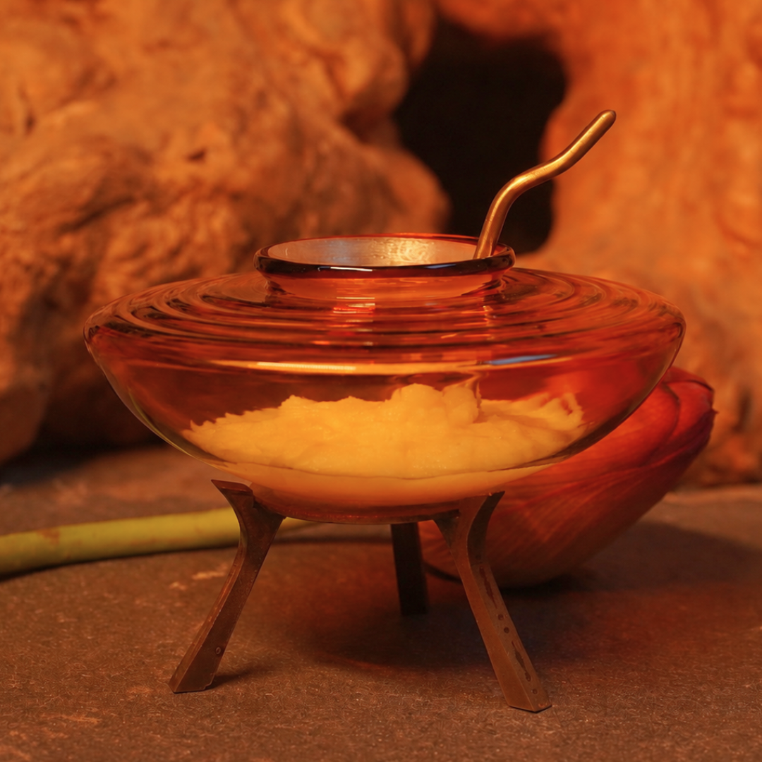 Soft ghee inside an amber glass ghee dani