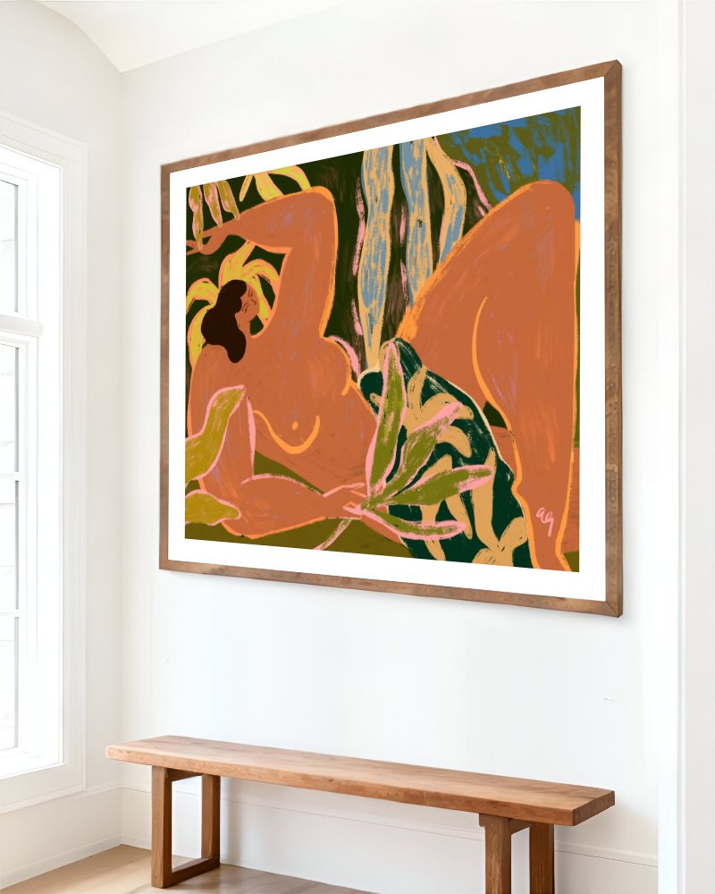 Lazy figurative art print styled in a room