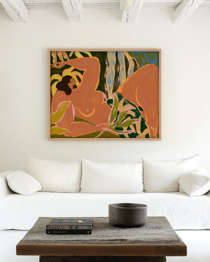 Lazy figurative art print styled in a room