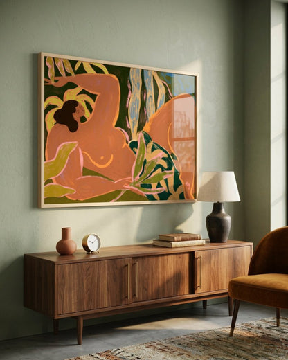 Lazy figurative art print styled in a room