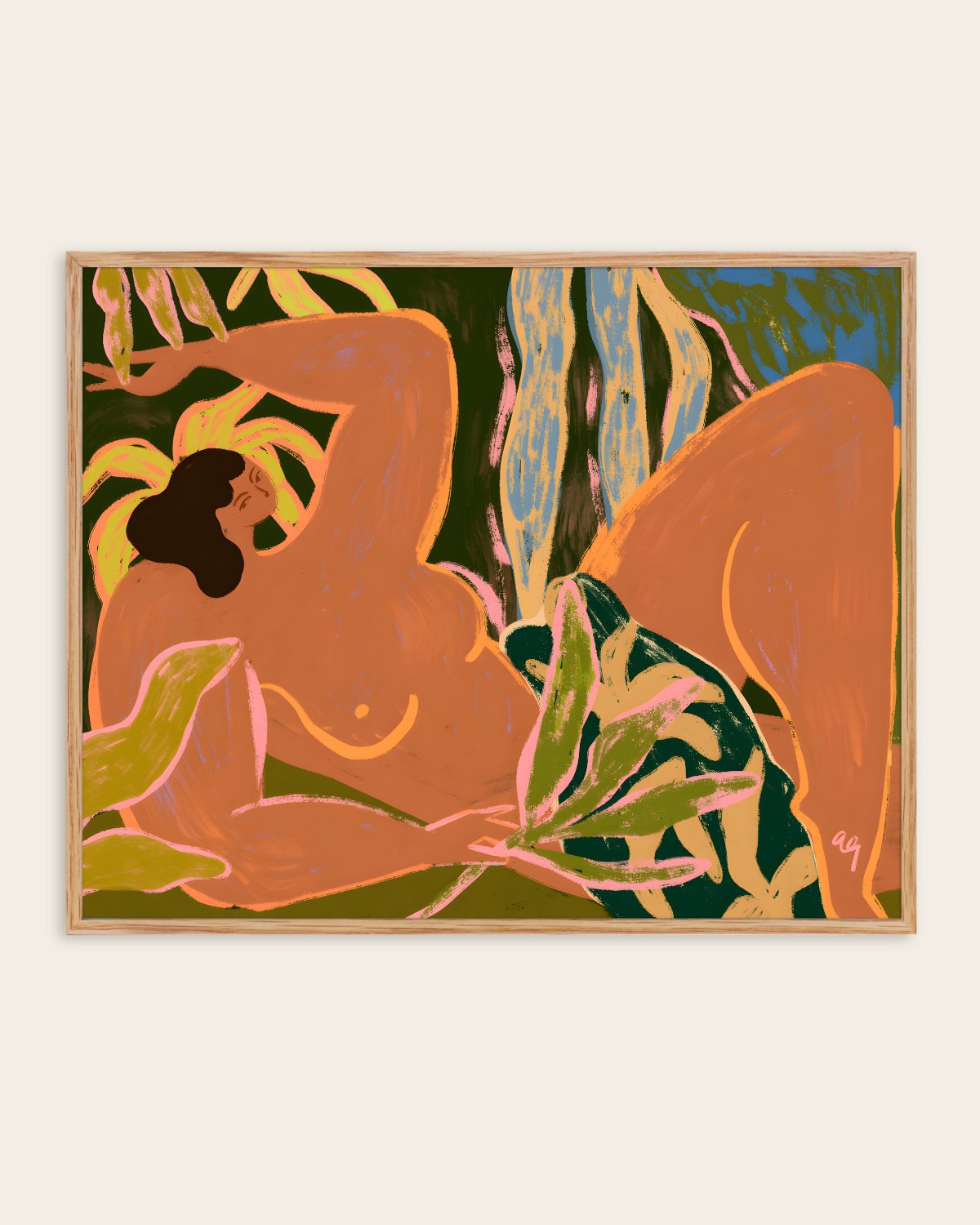 Lazy figurative art print of a reclining woman among tropical leaves in terracotta, moss green, mustard and blush, by Arty Guava for 83 Oranges