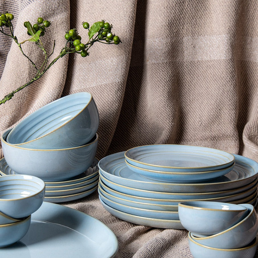 Celeste sky blue porcelain dinner set, 21 pieces for six