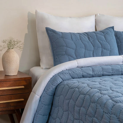 Cloud Hand-Stitched Cotton Quilt Set - Chambray Blue (King)