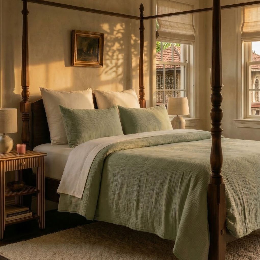 Gauze Reversible Bedspread Set - Sage Green