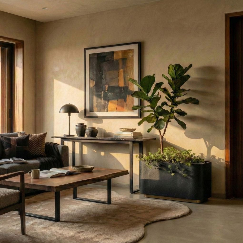 Noah Planter Box in matte black styling a living room with the organic Abstract Rug Clay and a large Ficus tree. Modern, weather-resistant fiberglass trough planter for Indian homes.